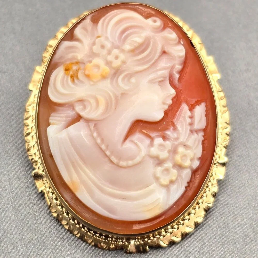 14K Yellow Gold Shell Cameo Brooch/Pendant Hand-Carved Profile 5.28g Signed LJI - Picture 2 of 11